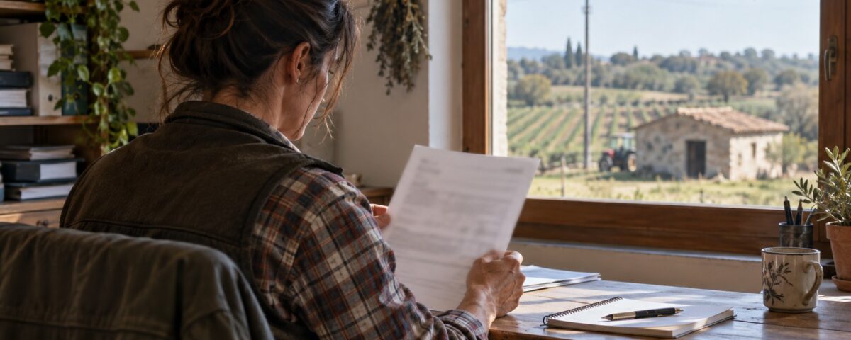 Imprenditrice agricola consulta una bolletta elettrica nel suo ufficio