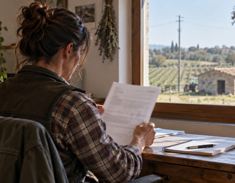 Imprenditrice agricola consulta una bolletta elettrica nel suo ufficio