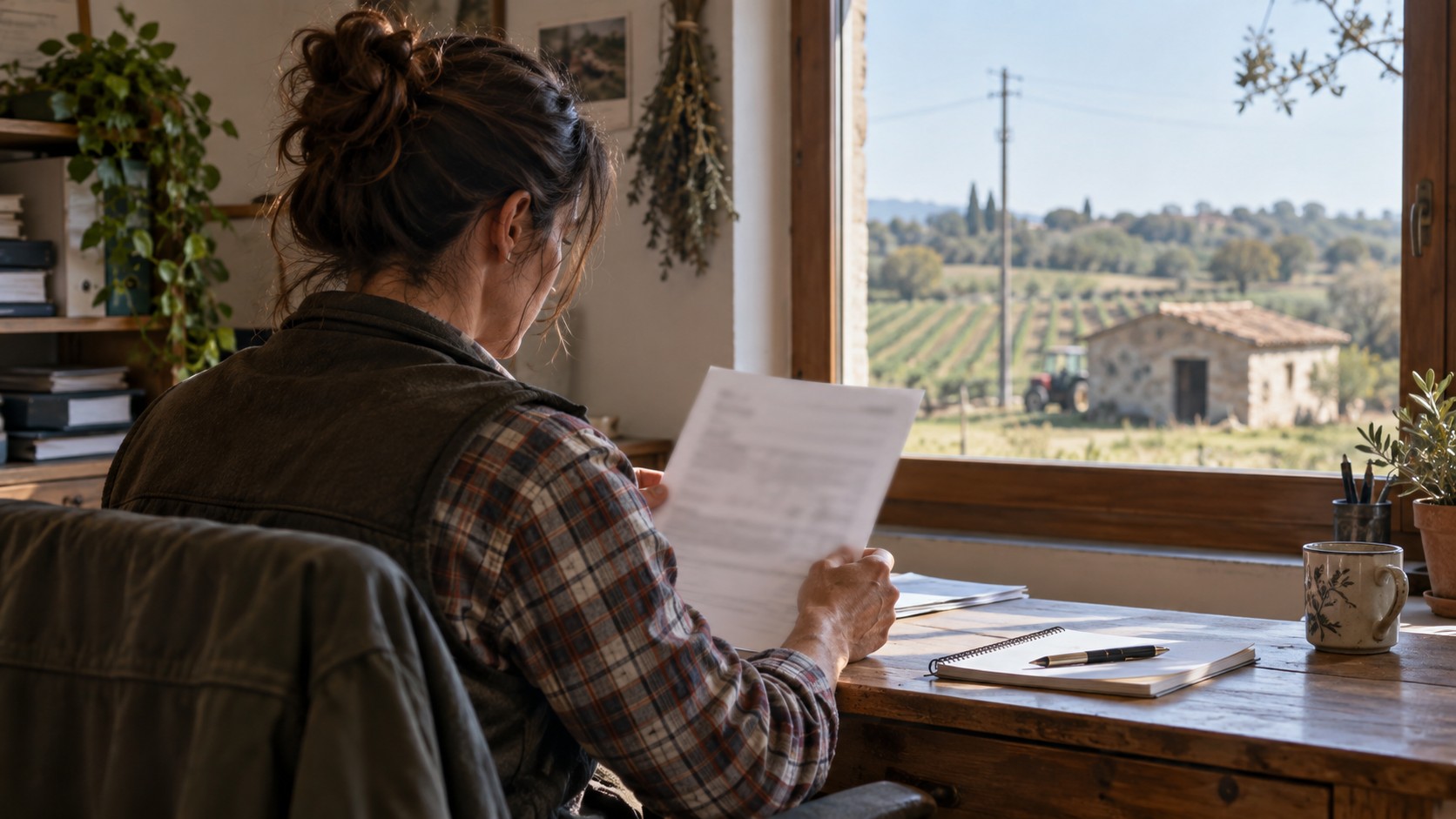 Imprenditrice agricola consulta una bolletta elettrica nel suo ufficio