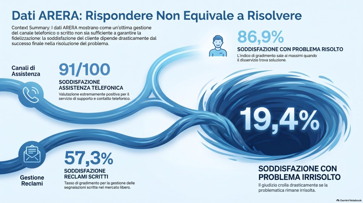Infografica ARERA sulla soddisfazione dei clienti luce e gas: 91/100 per l'assistenza telefonica, 57,3% per i reclami scritti, 86,9% con problema risolto e 19,4% con problema irrisolto.