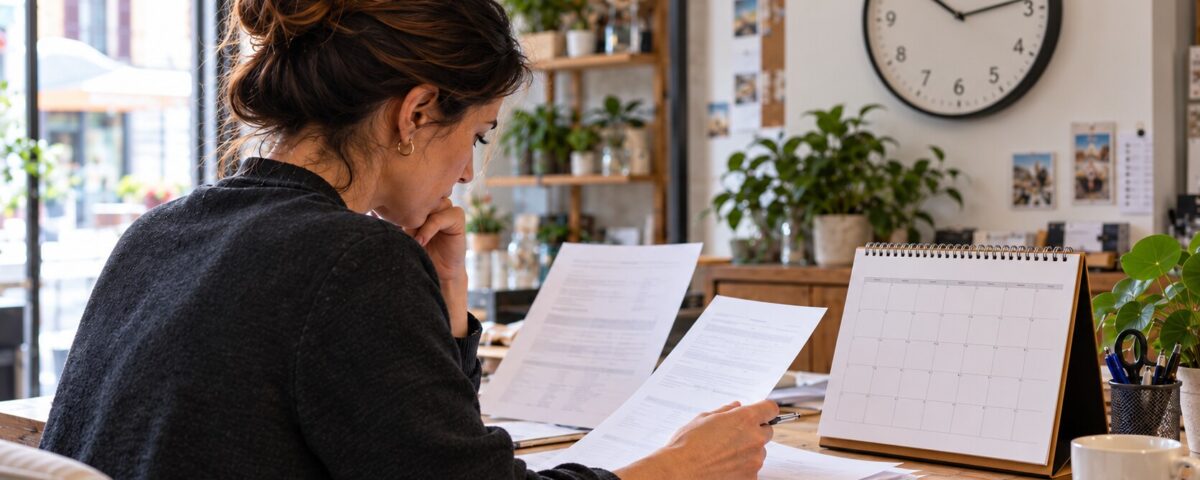 Imprenditrice consulta i documenti per programmare il cambio del fornitore luce business, con calendario e orologio