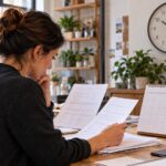 Imprenditrice consulta i documenti per programmare il cambio del fornitore luce business, con calendario e orologio