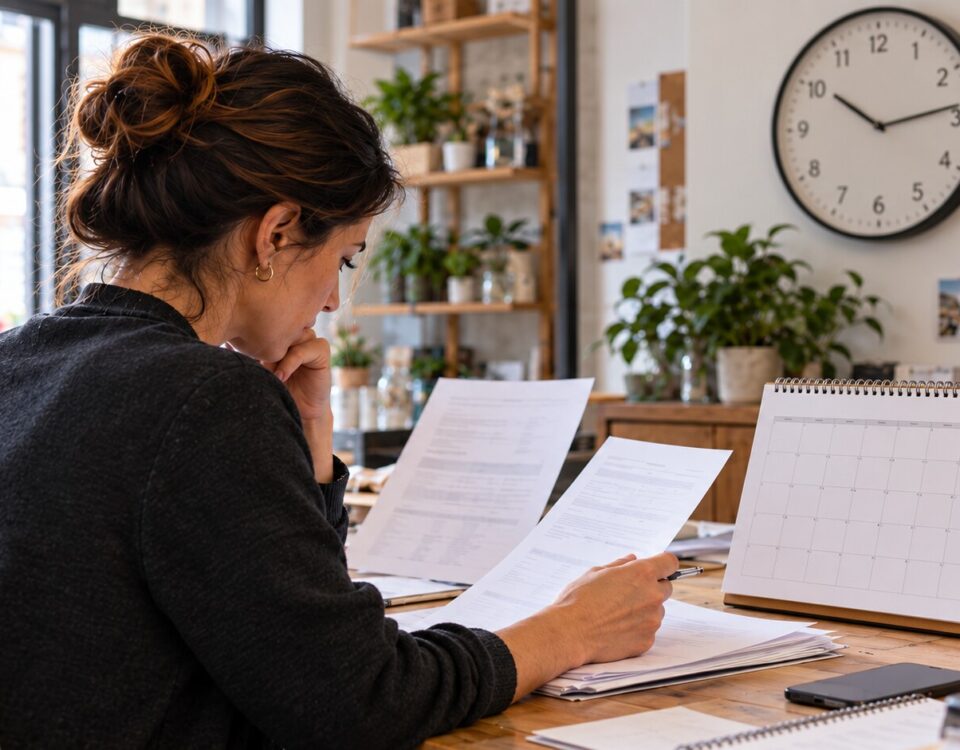 Imprenditrice consulta i documenti per programmare il cambio del fornitore luce business, con calendario e orologio