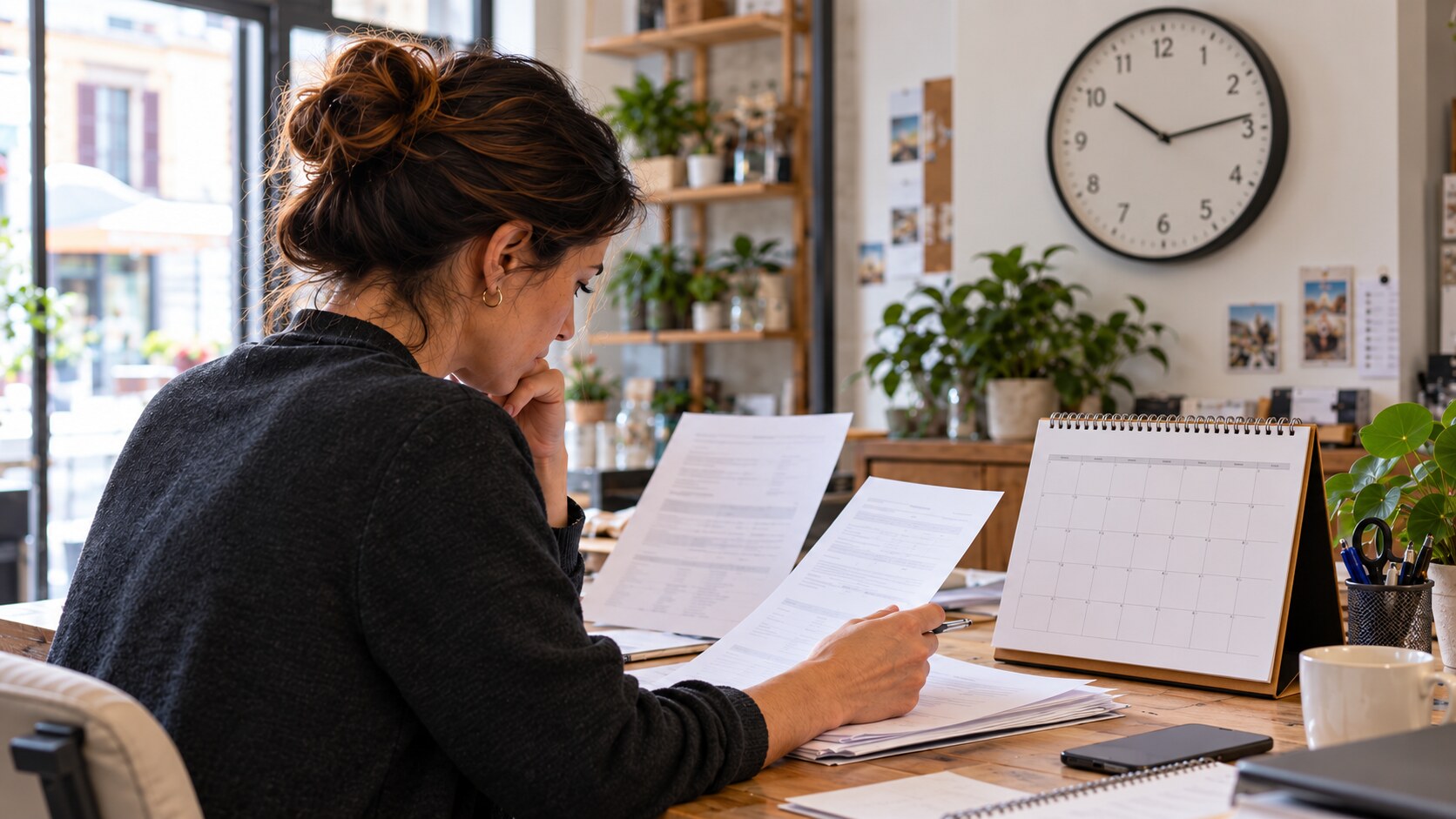 Imprenditrice consulta i documenti per programmare il cambio del fornitore luce business, con calendario e orologio