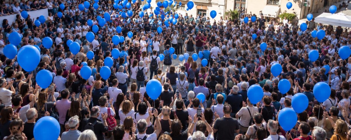 Folla di persone riunite in una piazza cittadina durante una manifestazione, con numerosi palloncini blu e partecipanti che applaudono.