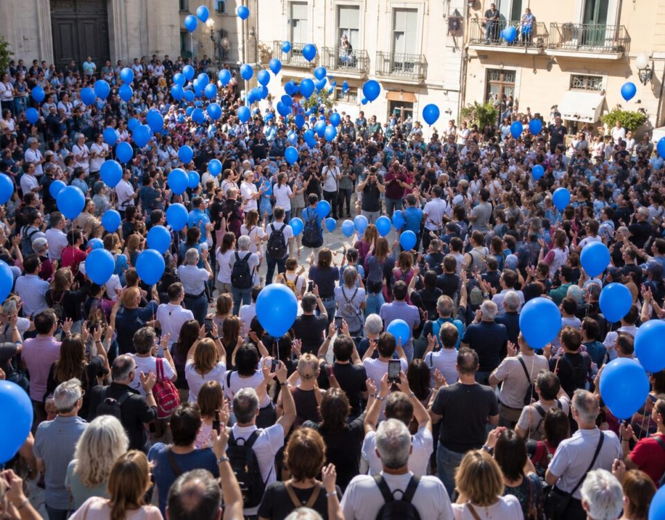 Folla di persone riunite in una piazza cittadina durante una manifestazione, con numerosi palloncini blu e partecipanti che applaudono.